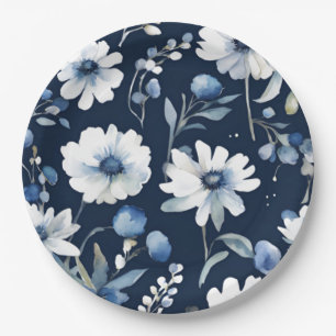 Prato De Papel Buquê de Flores Elegante Aquarela Azul