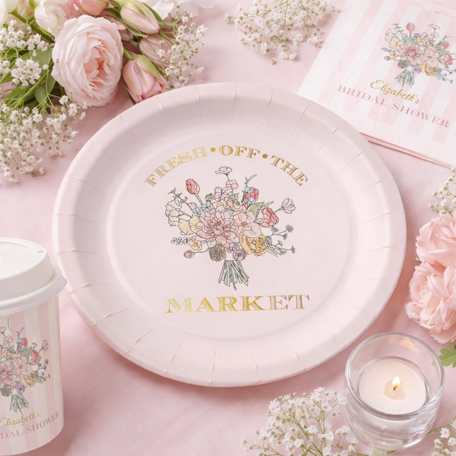 Prato De Papel Buquê de Flores Frescas Direto do Mercado Chá de N (Floral Bouquet Fresh off the Market Bridal Shower Paper Plates)