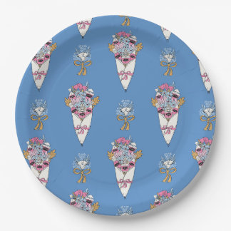 Prato De Papel Buquê de Flores & Perfume em azul
