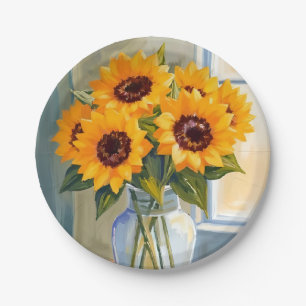 Prato De Papel Buquê de Girassóis Amarelos Floral Aquarela