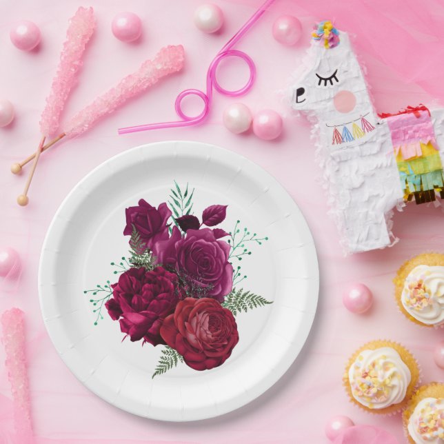 Prato De Papel Buquê Floral Elegante Magenta Rosa (Festa)