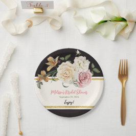 Prato De Papel Buquê Floral Preto, Marfim e Dourado
