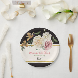 Prato De Papel Buquê Floral Preto, Marfim e Dourado