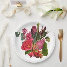 Prato De Papel Buquê tropical com flores rosadas