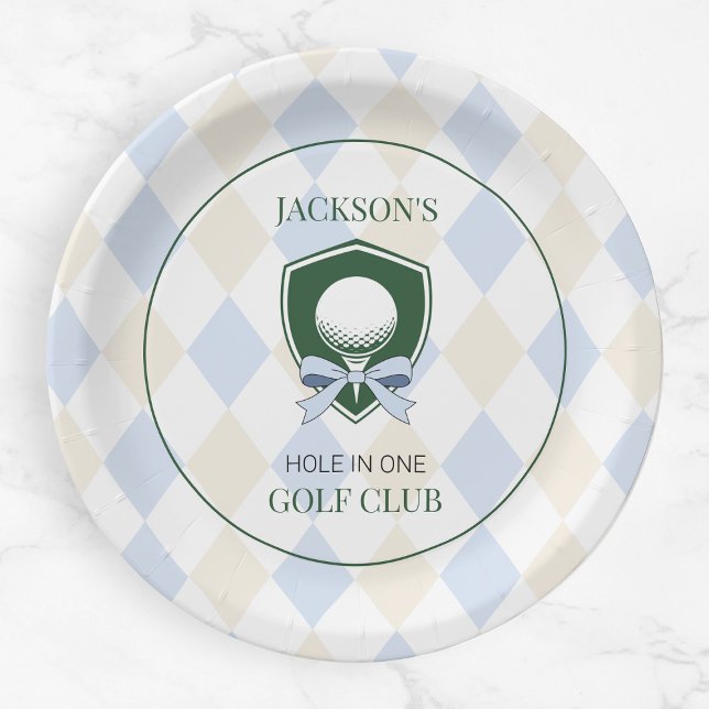 Prato De Papel Buraco de Golfe Azul em Um primeiro aniversario Es (Blue Golf Hole in One Boys Sports 1st Birthday Paper Plates)