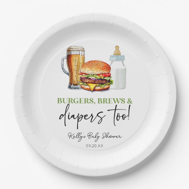 Prato De Papel Burgers Brews and Diapers Too! Baby Shower (Frente)