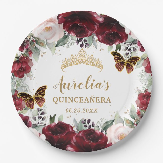 Prato De Papel Burgundy Blush Floral Quinceañera Tiara Princess (Frente)