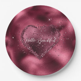Prato De Papel Burgundy Cherry Glitter Sparkle Heart