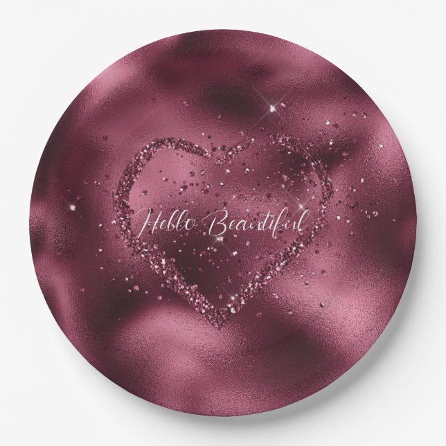 Prato De Papel Burgundy Cherry Glitter Sparkle Heart (Frente)