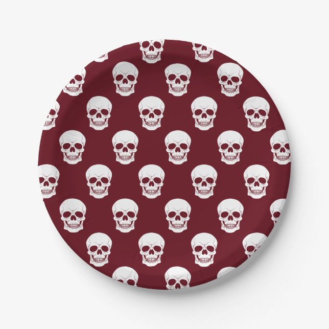 Prato De Papel Burgundy Deep Red Skull Pattern Spooky Halloween (Frente)