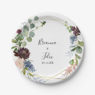 Prato De Papel Burgundy Floral e Greenery Casamento