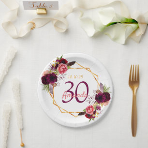 Prato De Papel Burgundy floral geo floral branco de aniversário
