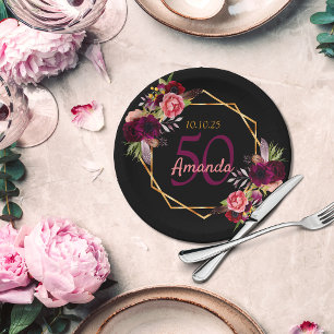 Prato De Papel Burgundy floral geo-floral de ouro preto-festa de 