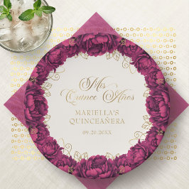 Prato De Papel Burgundy Floral Quinceanera