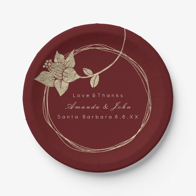 Prato De Papel Burgundy Maroon Casamento Dourado Floral Wreath Br (Frente)