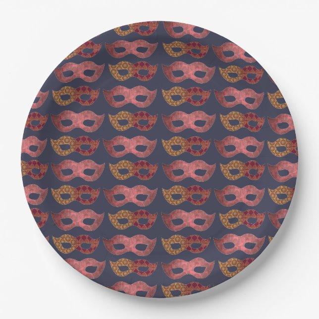 Prato De Papel Burgundy Masquerade Masks Pattern (Frente)