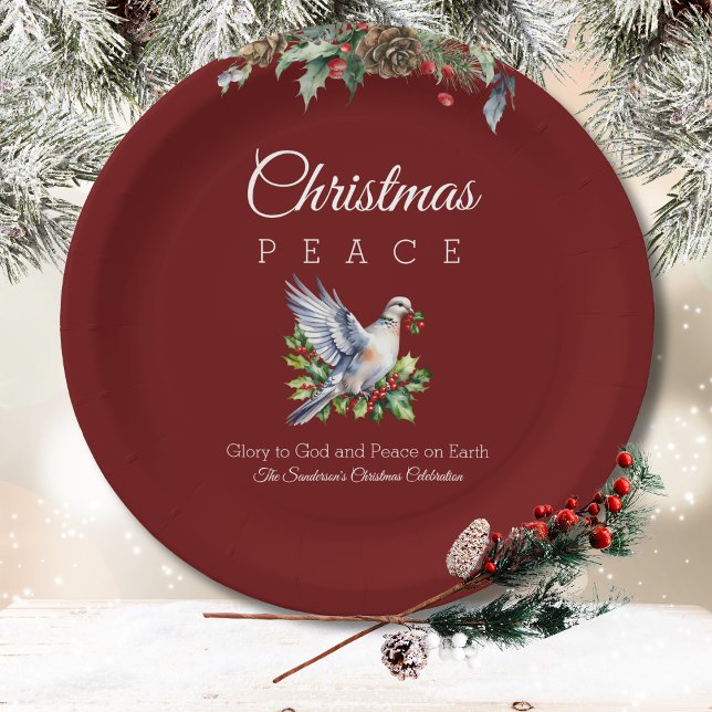 Prato De Papel Burgundy Peace Dove Holly Christian Christmas (Criador carregado)