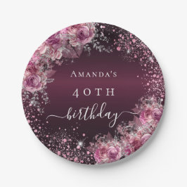 Prato De Papel Burgundy pink nome floral elegante aniversário