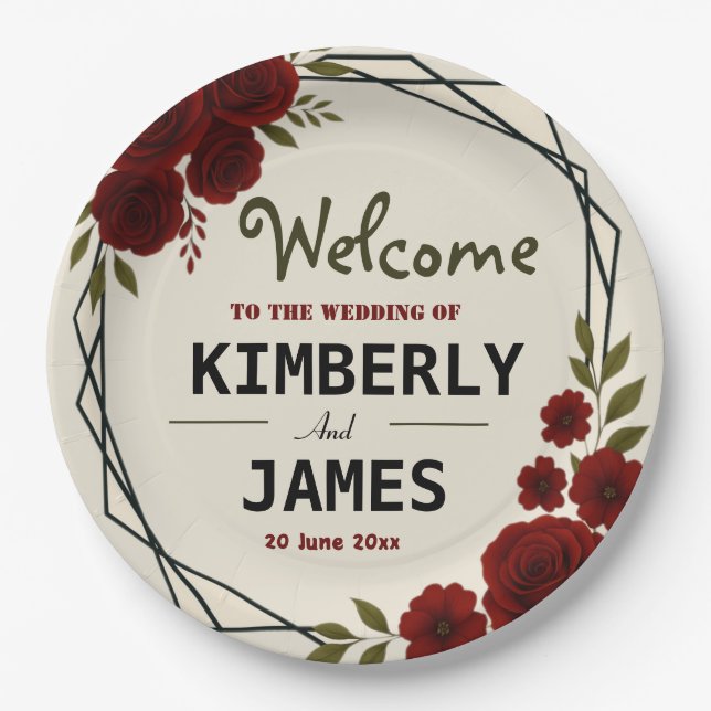 Prato De Papel Burgundy Red & Black Geometric Wedding Modern  (Frente)