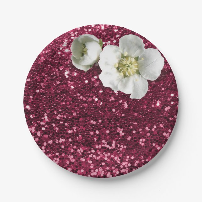 Prato De Papel Burgundy Ruby Floral White Jasmine Glitter (Frente)
