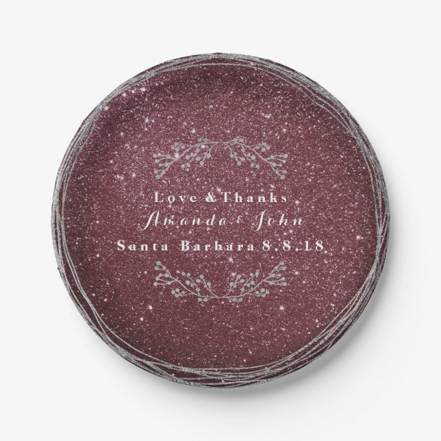 Prato De Papel Burgundy Silver Floral Wreath Wlitter (Frente)