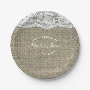 Prato De Papel Burlap e Renda Simples Rústico Casamento Elegante 
