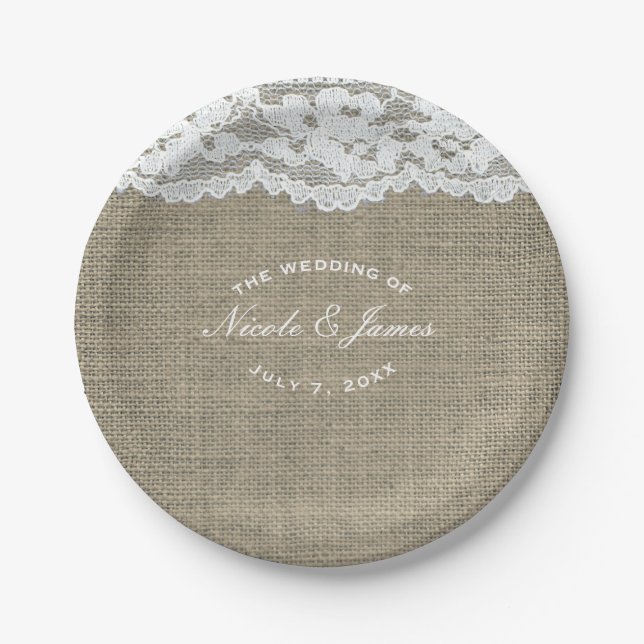 Prato De Papel Burlap e Renda Simples Rústico Casamento Elegante  (Frente)