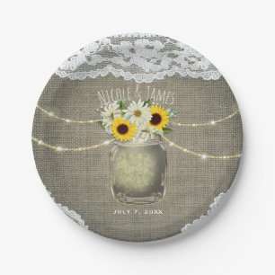 Prato De Papel Burlap Lace Sunflower & Daisies Casamento Mason Ja