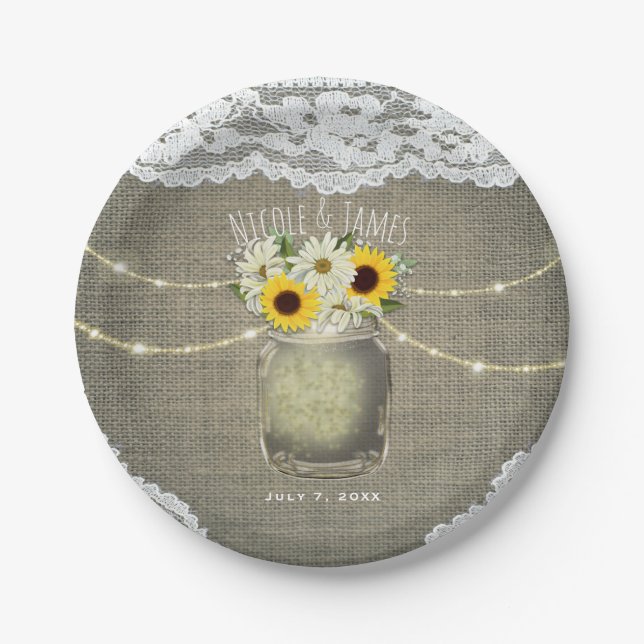 Prato De Papel Burlap Lace Sunflower & Daisies Casamento Mason Ja (Frente)