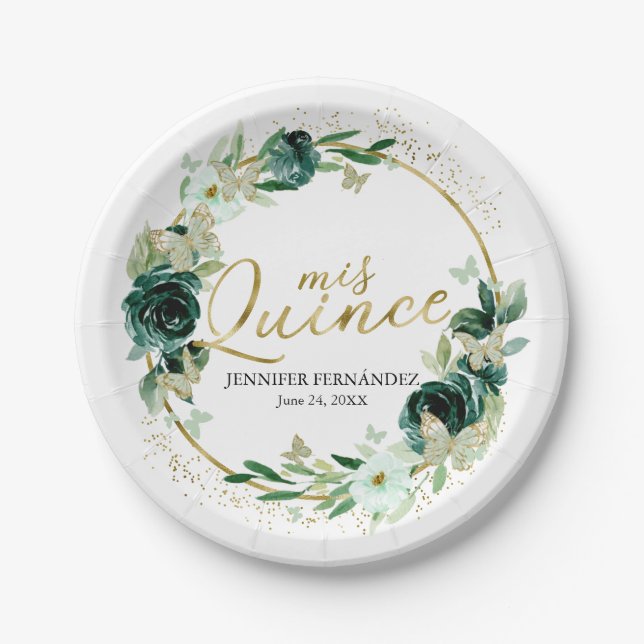 Prato De Papel Butterfly Quinceanera Papel Placa Floral Verde (Frente)