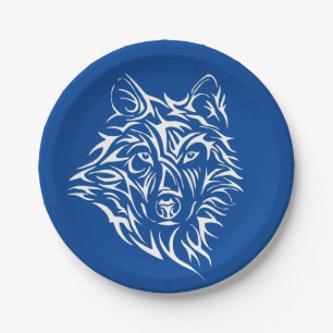 Prato De Papel Cabeça de Lobo Branco em Azul