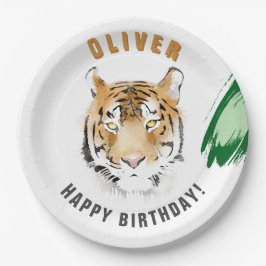 Prato De Papel Cabeça de Tigre Selvagem Aquarela Nome de Aniversá