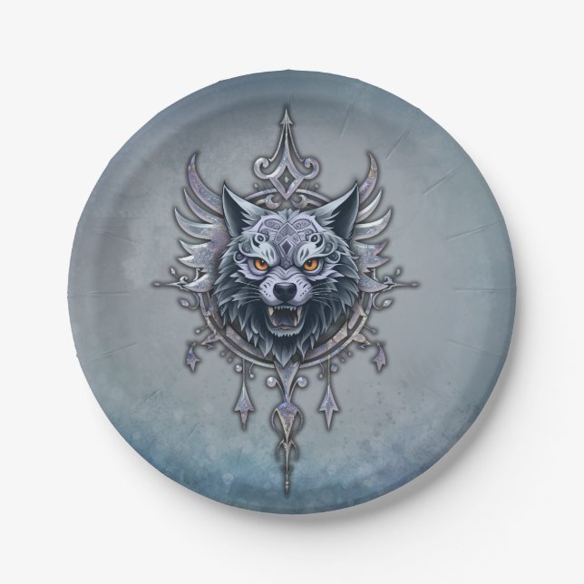 Prato De Papel Cabeça mística de lobo. (Frente)