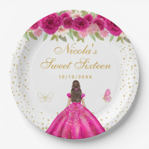 Prato De Papel Cabelo Castanho Rosa Vibrante Princesa Doce Dezess