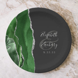Prato De Papel Caça ao Geodo de Ágata Verde Escuro Prata Casament