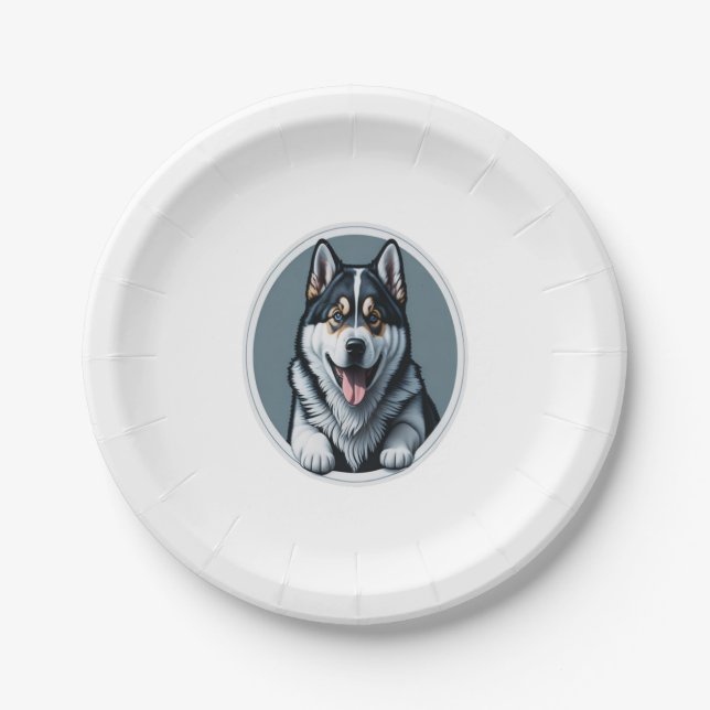 Prato De Papel cachorrinho feliz da Malamute do Alasca  (Frente)