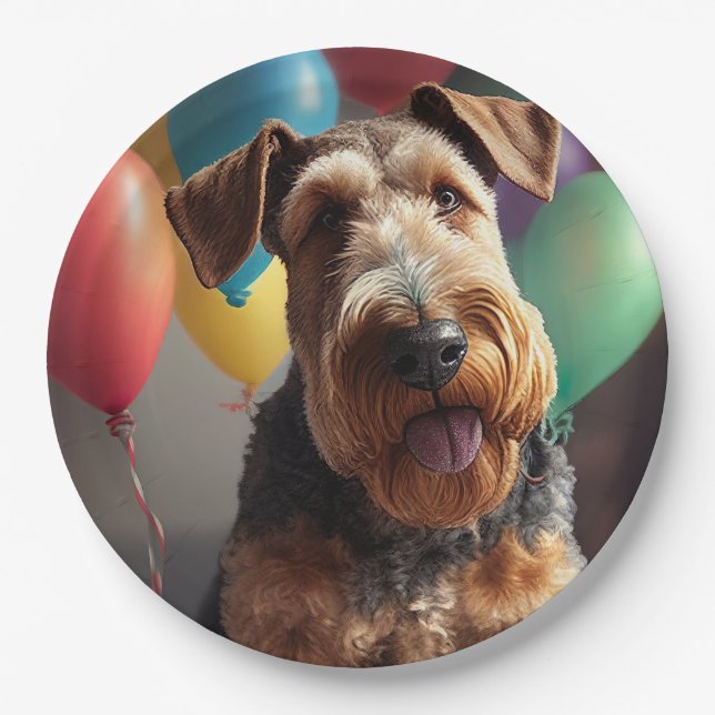 Prato De Papel Cachorro Airedale com bolo e balões (Frente)