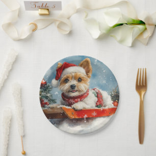 Prato De Papel Cachorro Biewer Terrier no Trenó Deixe Nevar Natal