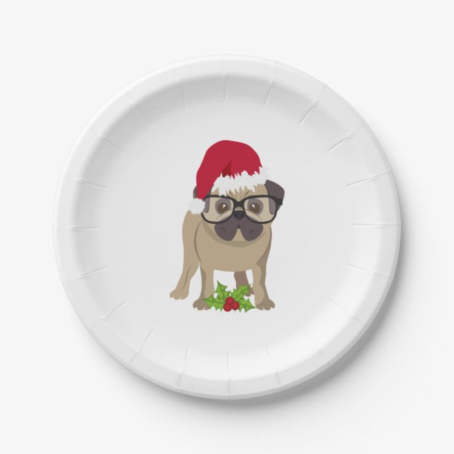 Prato De Papel Cachorro Bonito no Chapéu de Natal. (Frente)