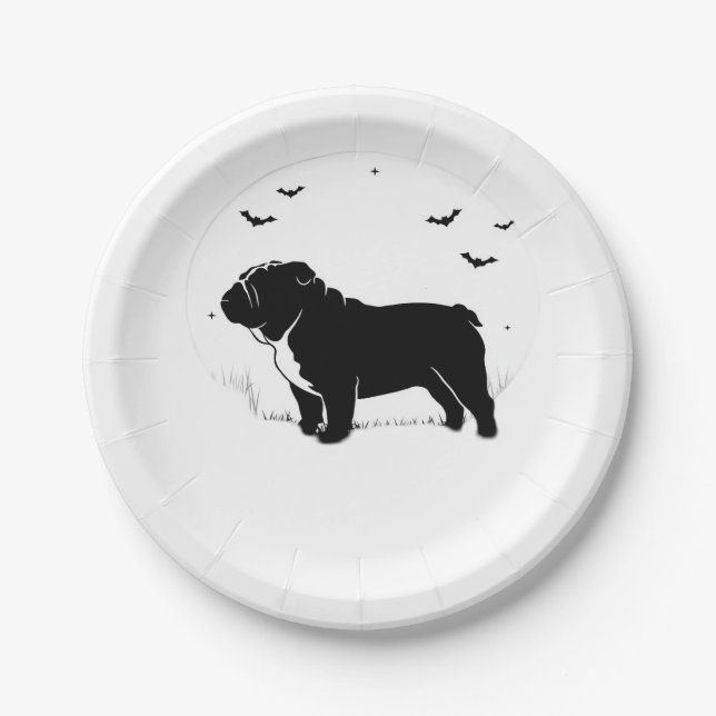Prato De Papel Cachorro Bulldog Inglês - Halloween Moon Silhouett (Frente)
