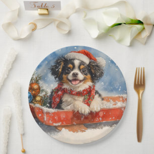 Prato De Papel Cachorro Chin Japonês no Trenó Deixe Nevar Natal