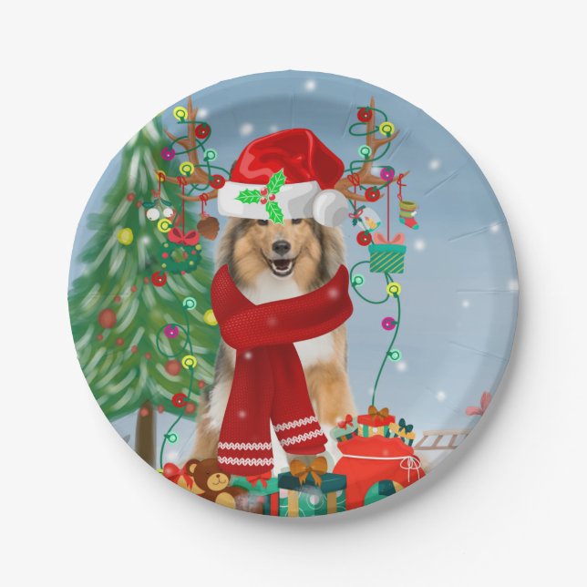 Prato De Papel Cachorro Collie em neve presente de Natal (Frente)