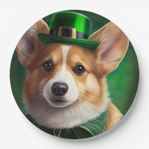 Prato De Papel Cachorro Corgi vestido para o Dia de São Patrício