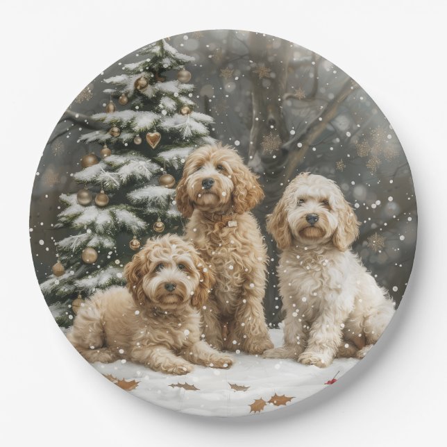 Prato De Papel Cachorro de Goldendoodle de Natal (Frente)