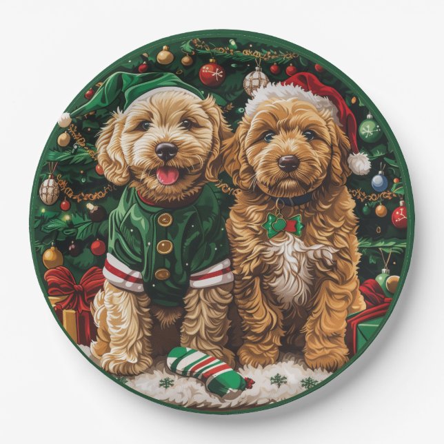Prato De Papel Cachorro de Goldendoodle de Natal (Frente)