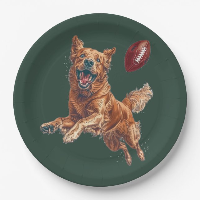 Prato De Papel Cachorro de Ouro Bonito Jogando Futebol (Frente)