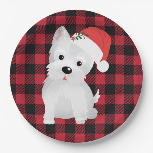 Prato De Papel Cachorro de West Highland com Xadrez de Santa Hat