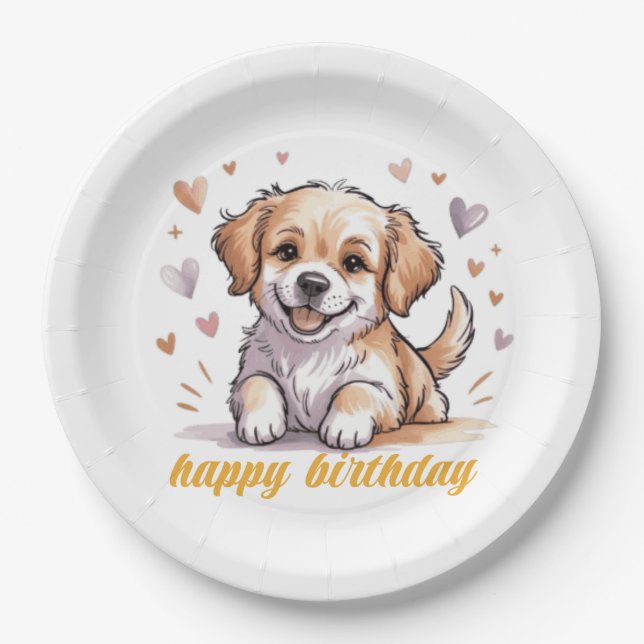 Prato De Papel cachorro feliz aniversário (Frente)