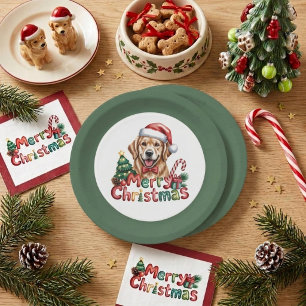Prato De Papel Cachorro fofo do Retriever Dourado no Natal