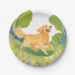 Prato De Papel Cachorro Golden Retriever Feliz Água Leve Pintur